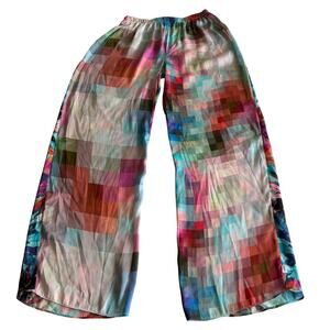 Aum Couture Bold Colorful Resort Pixel Floral Pull On Silky Wide Leg Pants M